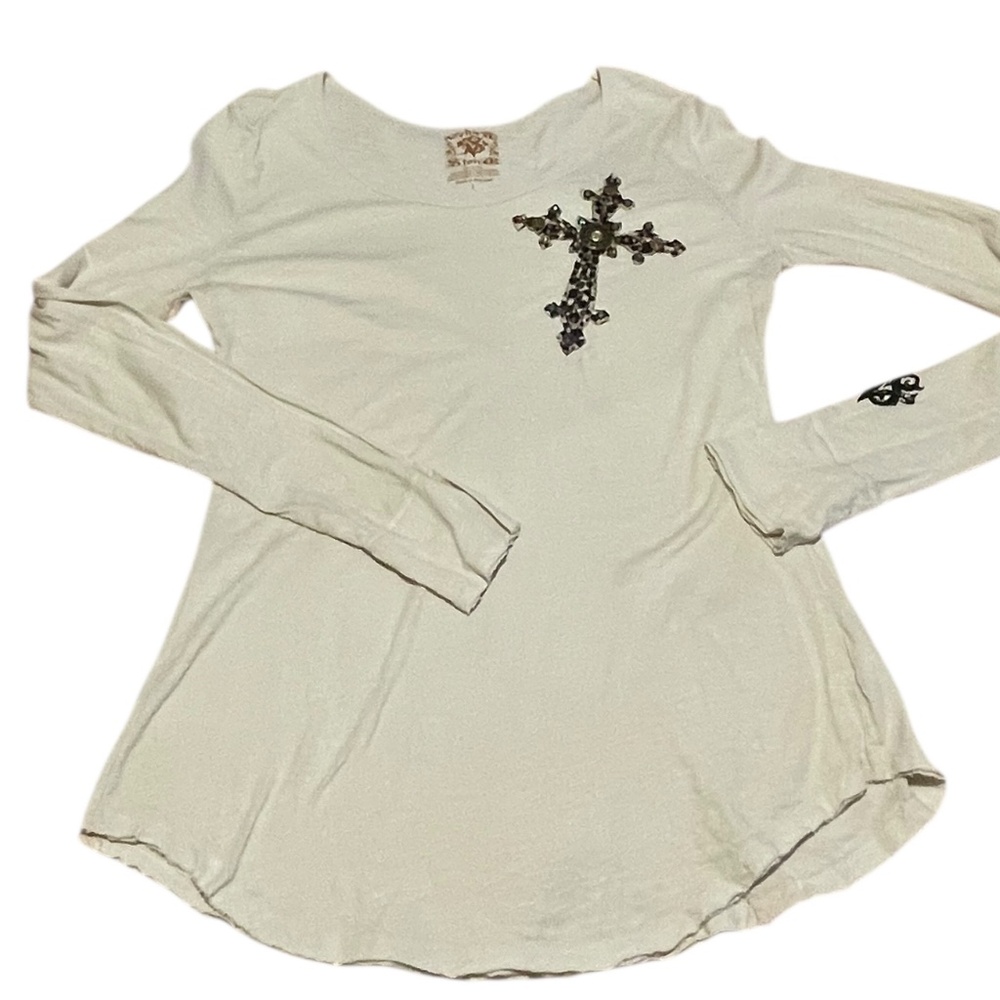 Velvet Stone Long Sleeve Beige Shirt with Velvet/Stone Cross Size Large